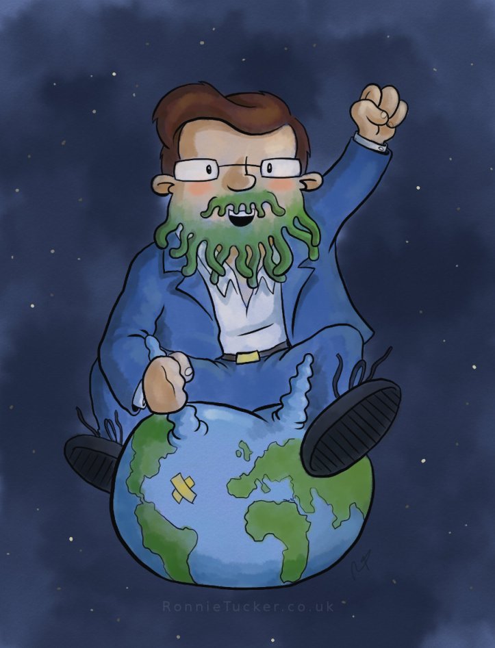 PZ Myers, as Cthulhu, flying through the universe on a space hopper