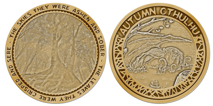 "Autumn Cthulhu" coin, featuring both covers